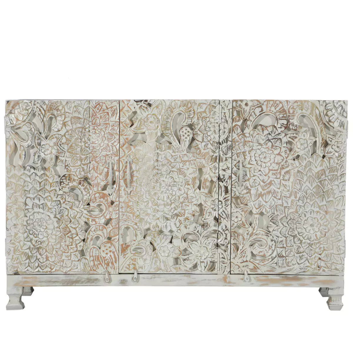 Scottsville Rustic Hand Carved Distressed White Wooden Sideboard Cabinet