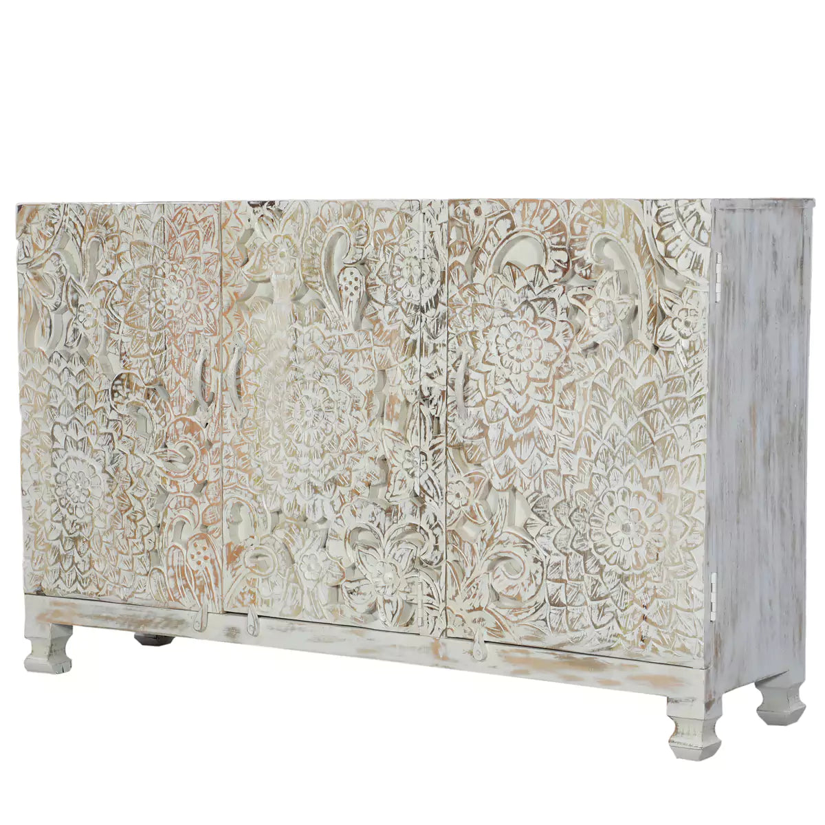 Scottsville Rustic Hand Carved Distressed White Wooden Sideboard Cabinet