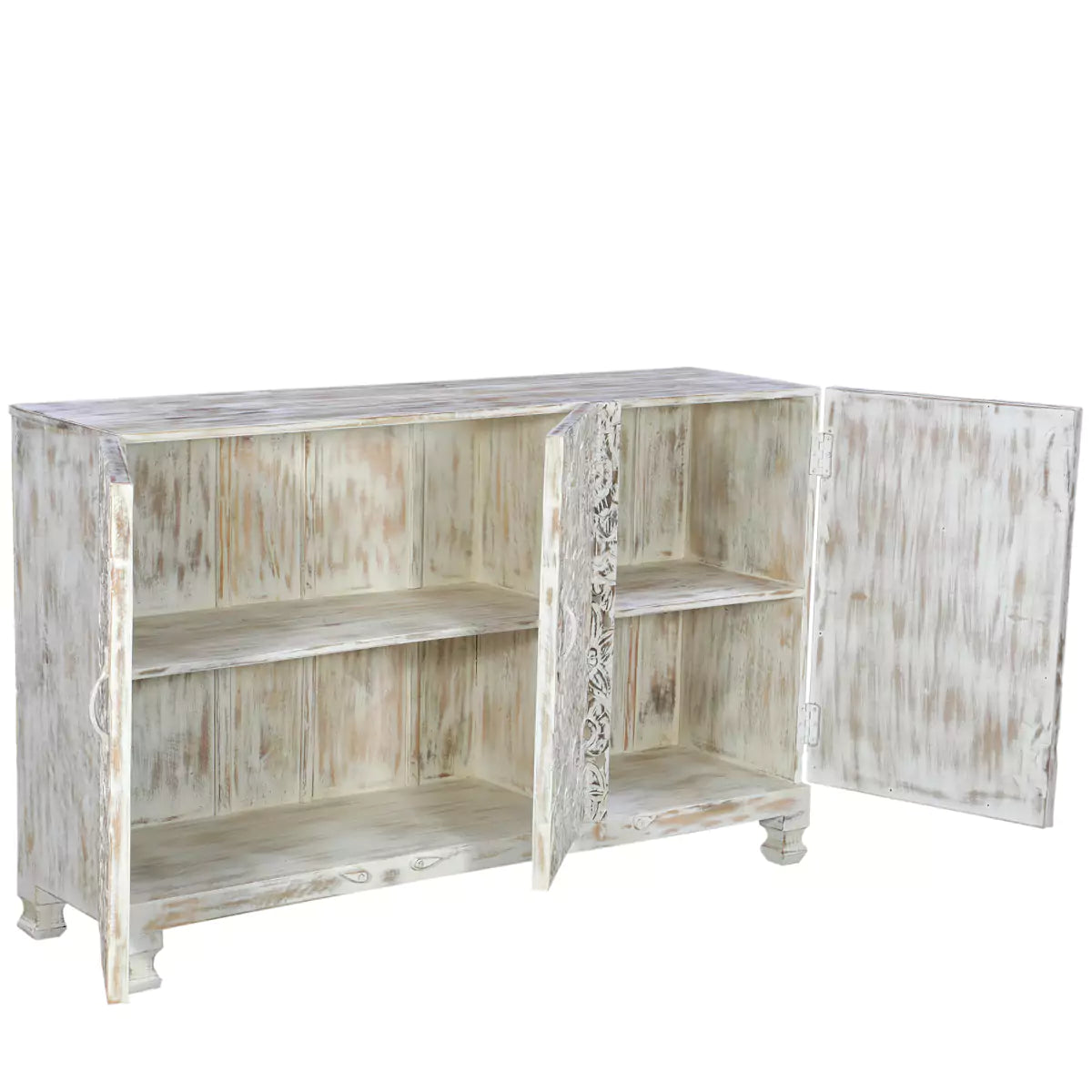 Scottsville Rustic Hand Carved Distressed White Wooden Sideboard Cabinet