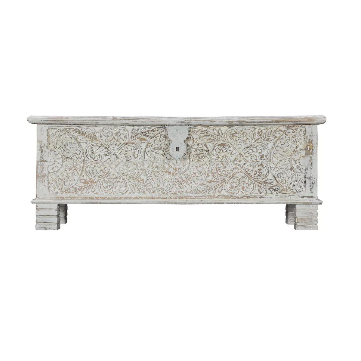 Seabrook Rustic Hand Carved Distressed White Large Wooden Trunk