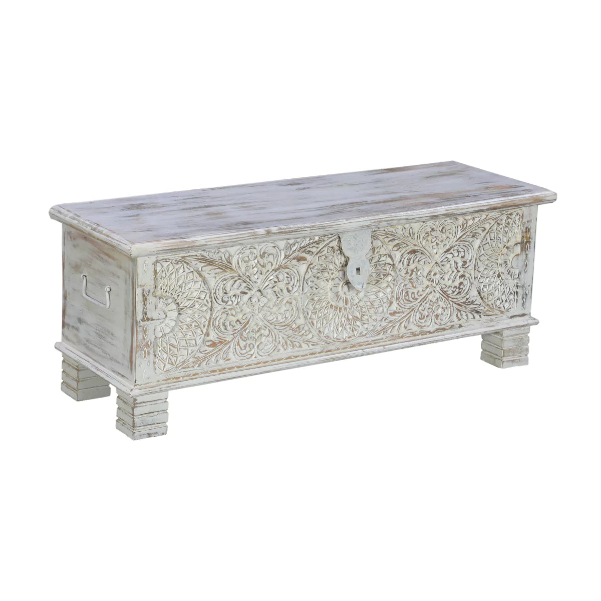 Seabrook Rustic Hand Carved Distressed White Large Wooden Trunk