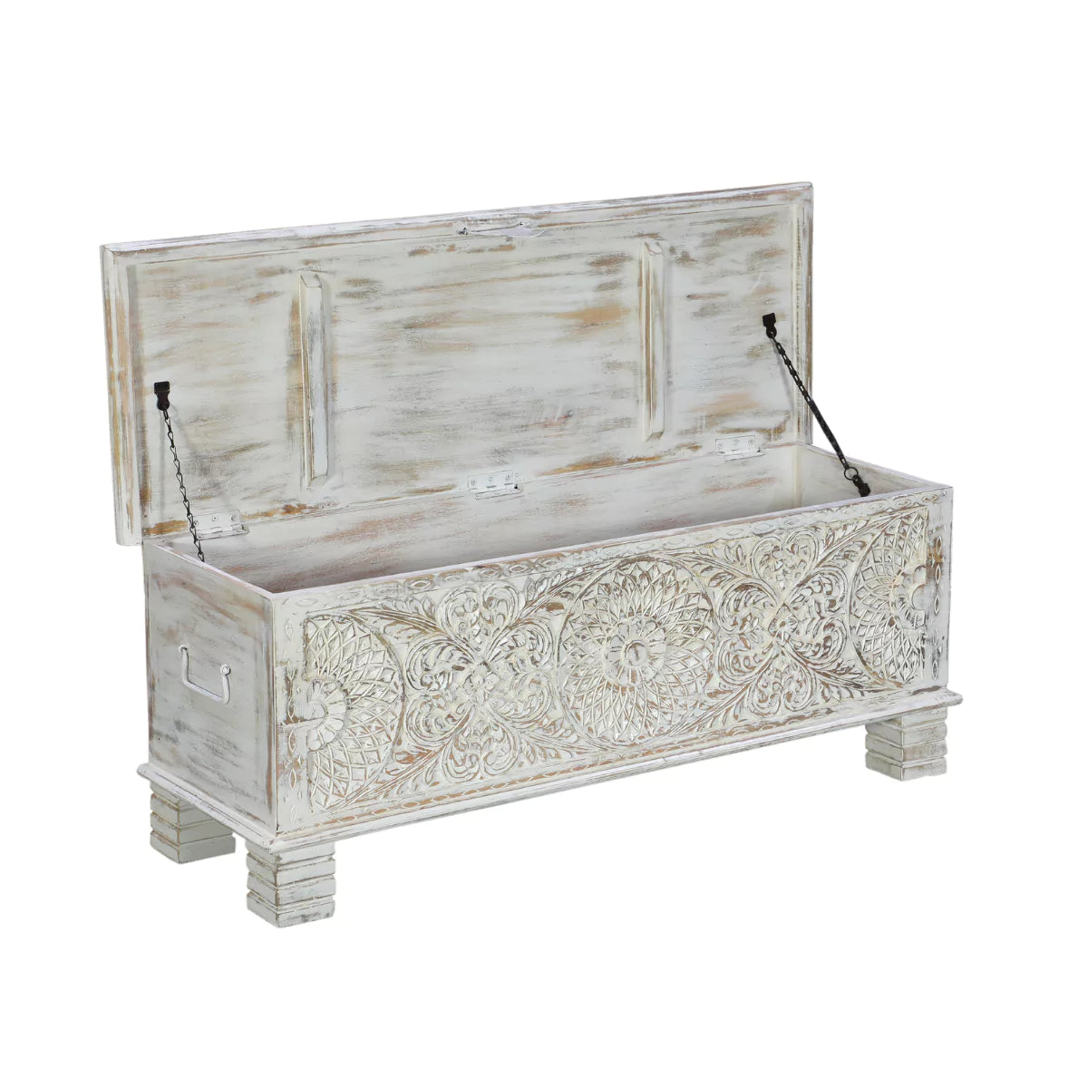 Seabrook Rustic Hand Carved Distressed White Large Wooden Trunk