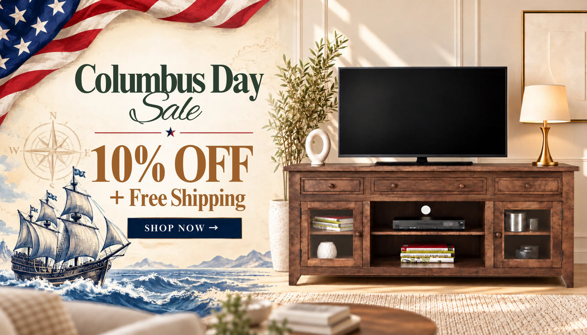 Oak & Loom Columbus Day Sale: 10% off and free shipping, featuring a wooden TV console. Shop now.