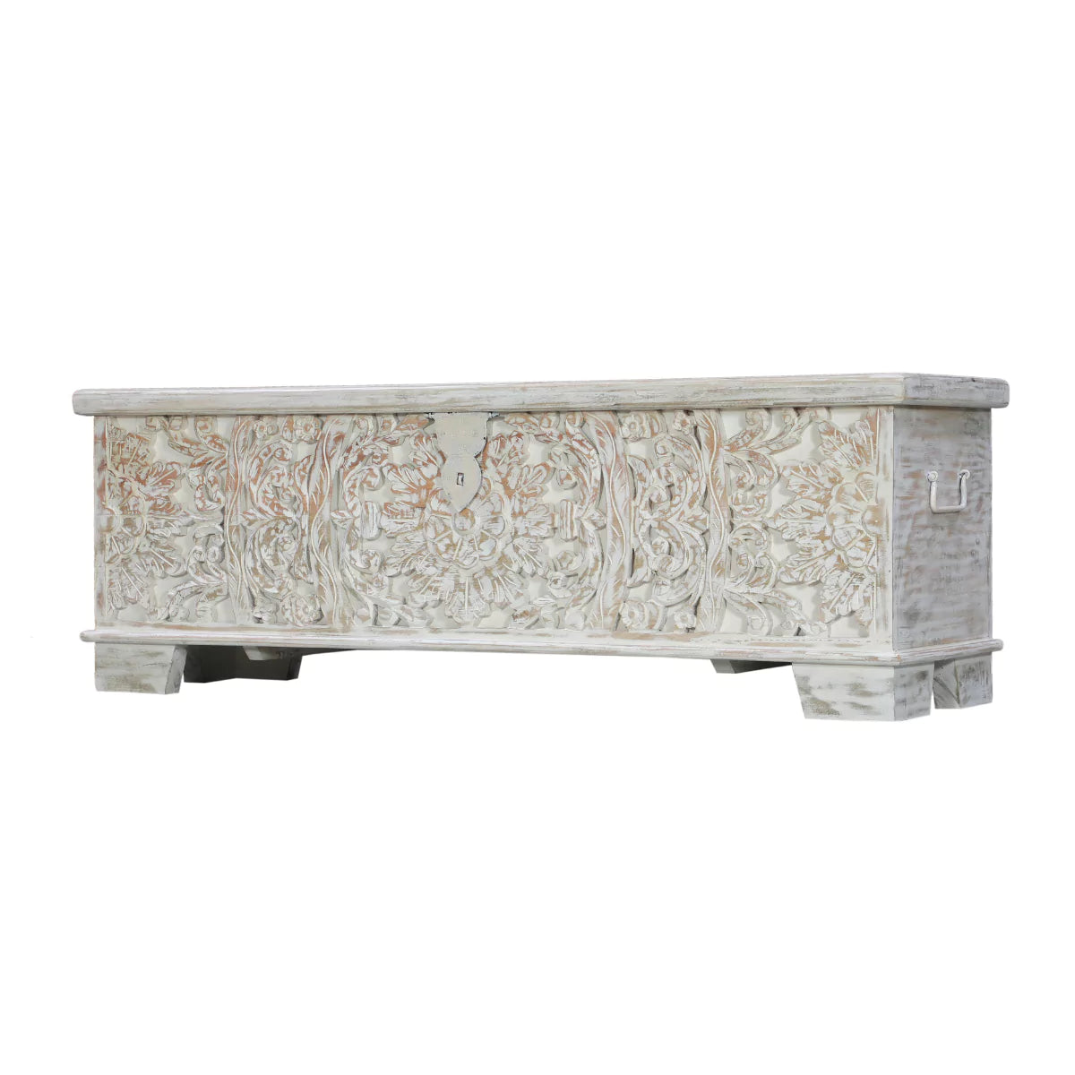 Tivoli Rustic Distressed White Carved Wooden Trunk Storage Box