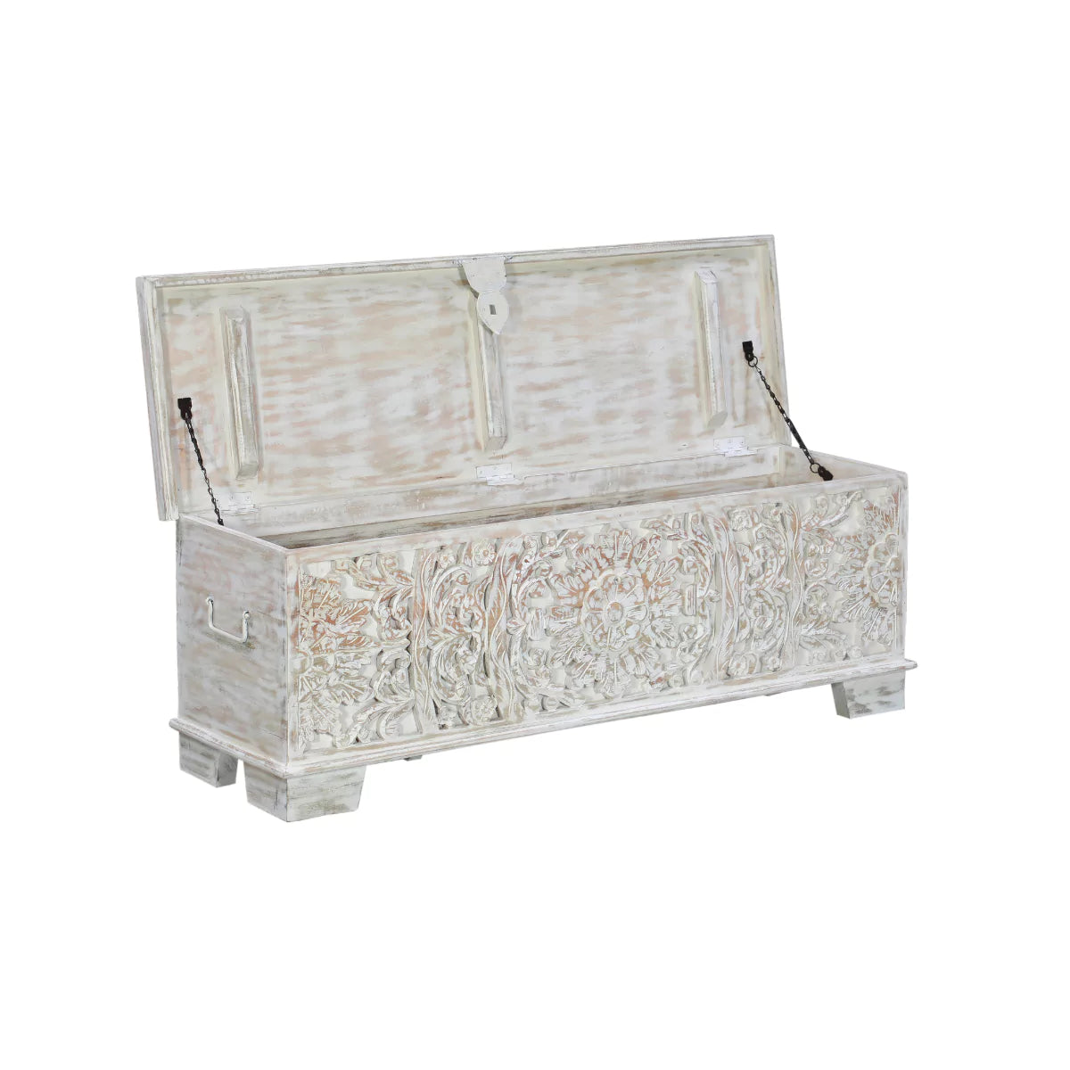 Tivoli Rustic Distressed White Carved Wooden Trunk Storage Box