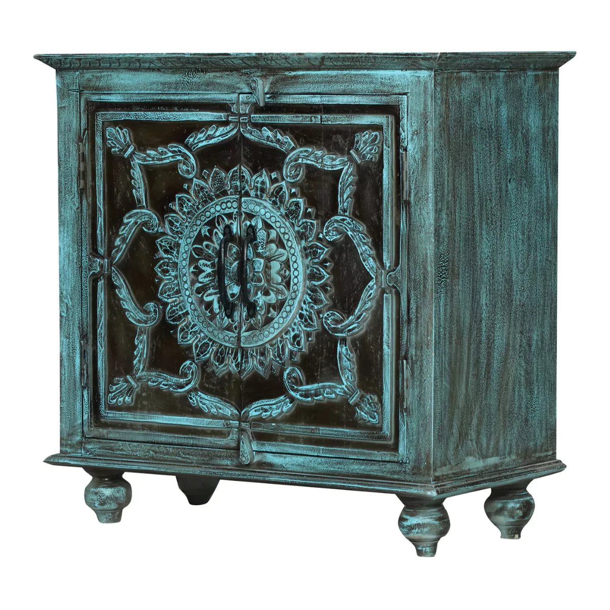Tonalea Hand-Carved Distressed Turquoise Solid Wood Small Sideboard