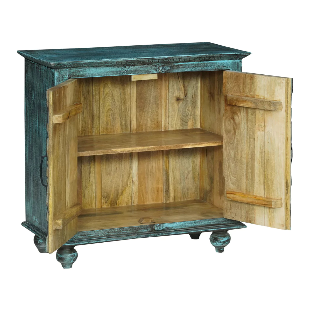 Tonalea Hand-Carved Distressed Turquoise Solid Wood Small Sideboard