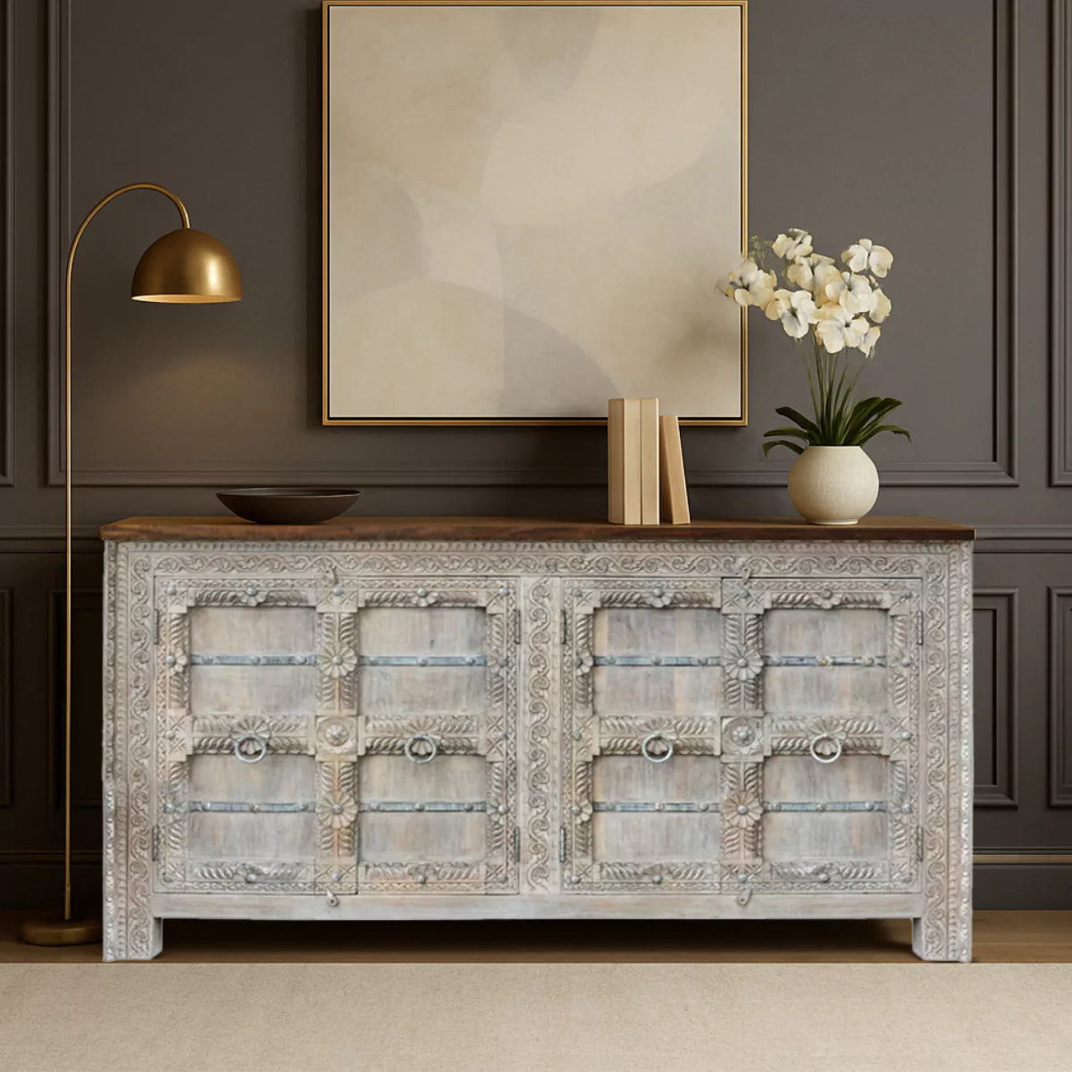 Wenona Hand-Carved Vintage Distressed Solid Wood Sideboard