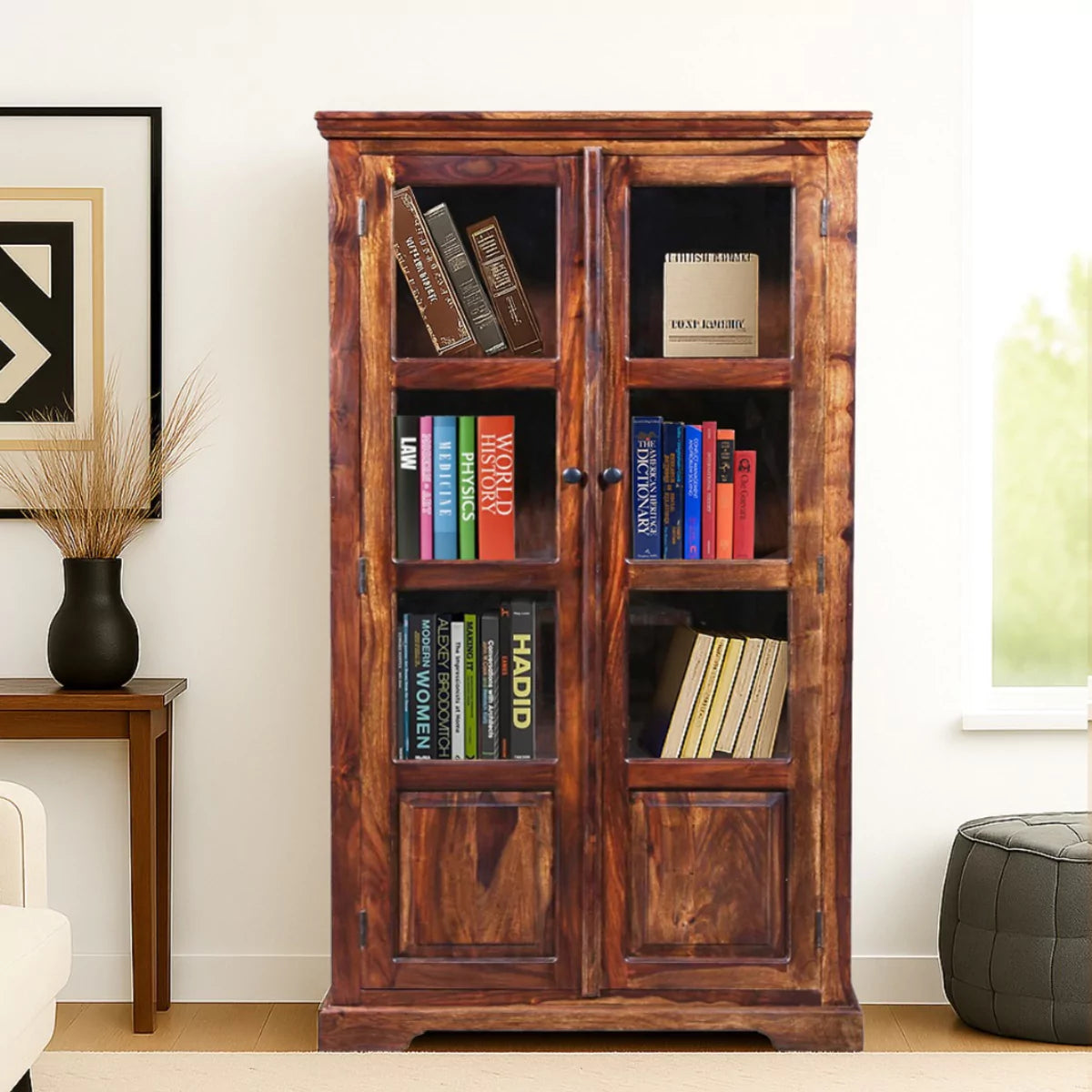 Wimberly Modern Teak Finish Wooden Tall Display Cabinet with Glass Doors