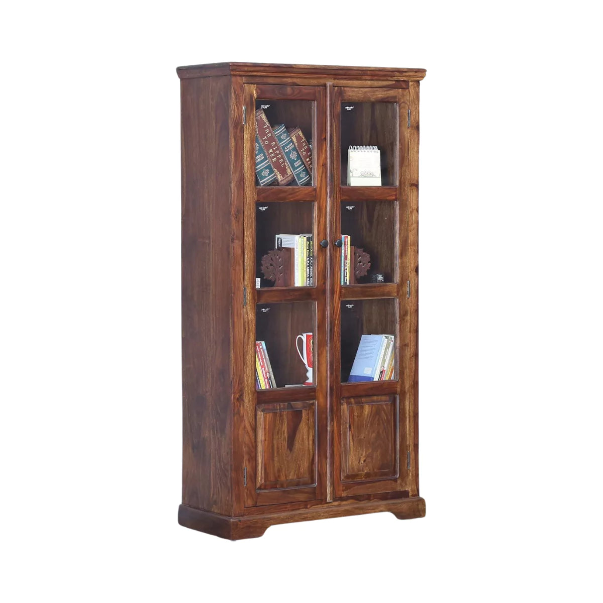 Wimberly Rustic Teak Finish Wooden Tall Display Cabinet with Glass Doors