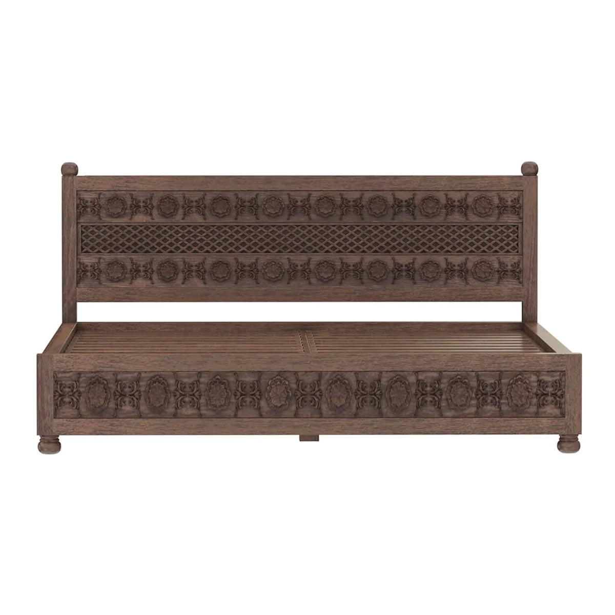 Winnetka Teak Finish Low Profile Wooden Bed with Decorative Carving