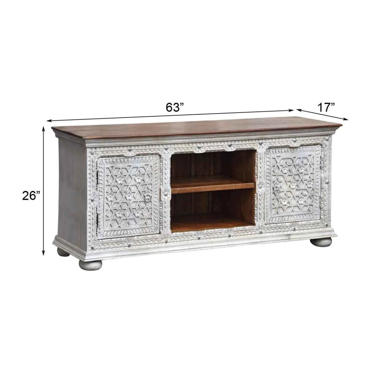 Alpena Rustic Ornate Carved Distressed Wooden TV Cabinet – detail view | Oak & Loom Solid Wood Furniture