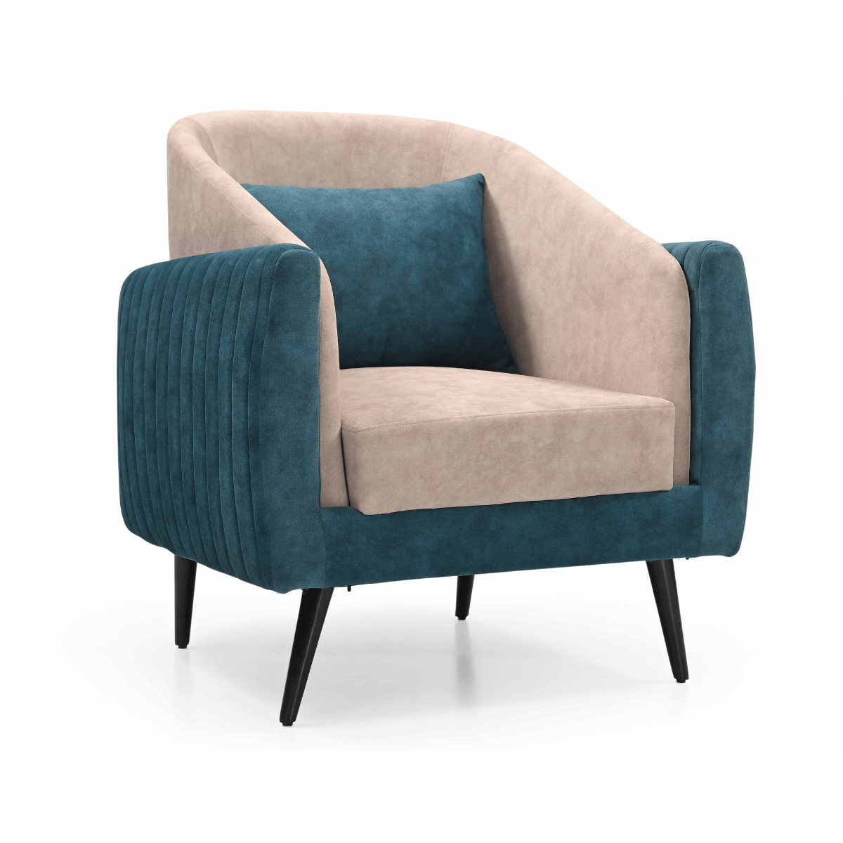 A modern barrel-style armchair with a curved back, upholstered in a light beige fabric with dark teal velvet side panels and legs, featuring a matching dark teal throw pillow, set against a plain white background.