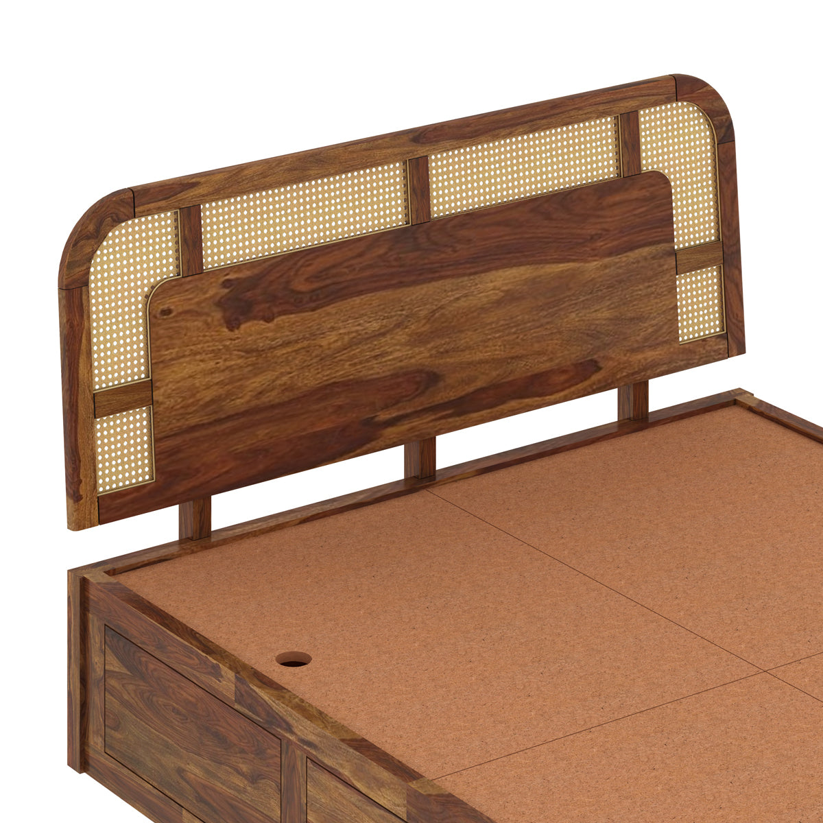 Wooden bed frame with woven design on a white background