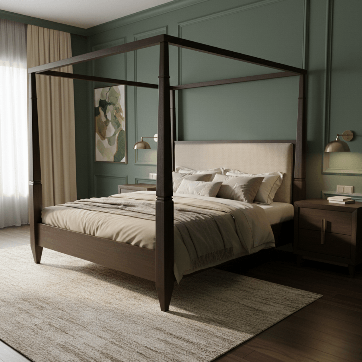 Four-poster bed in a bedroom with green walls and wooden floors.