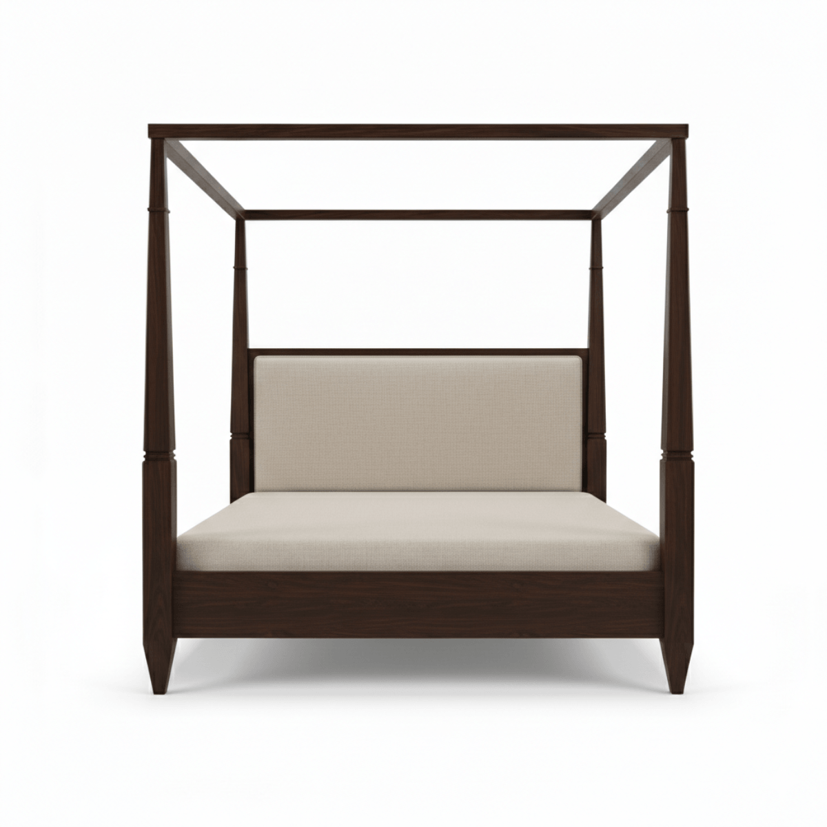 Wooden canopy bed with beige cushion on a white background