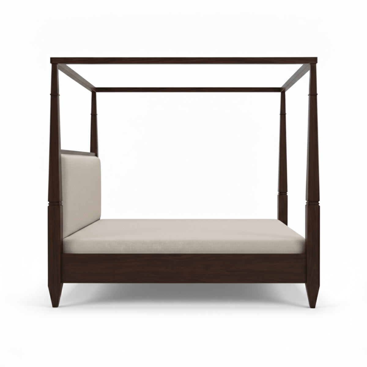 Wooden canopy bed with beige cushion on a white background