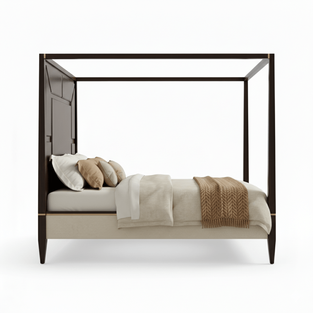 Four-poster bed with bedding and pillows on a white background