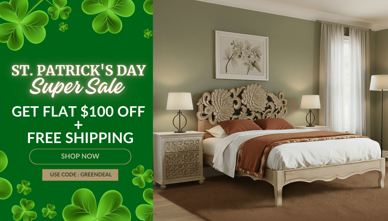 Bedroom with decorative bed and nightstands, St. Patrick's Day sale banner on the left.