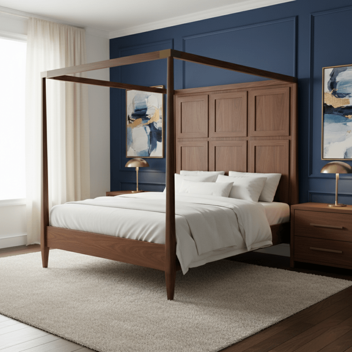 Wooden canopy bed in a bedroom with blue walls and abstract art.