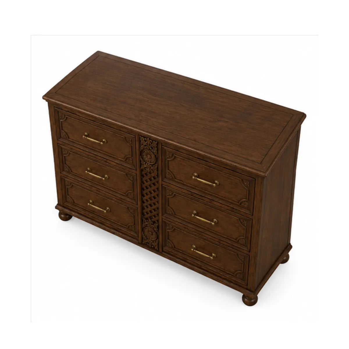 Overhead view of Winnetka 6 drawer dresser top surface in warm teak finish