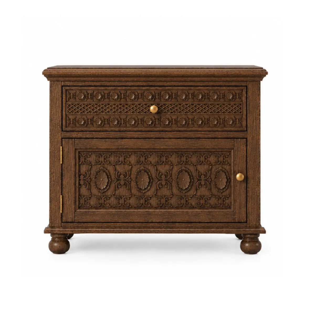 Winnetka hand-carved wood nightstand in teak finish, front view showing lattice-carved drawer and medallion cabinet door