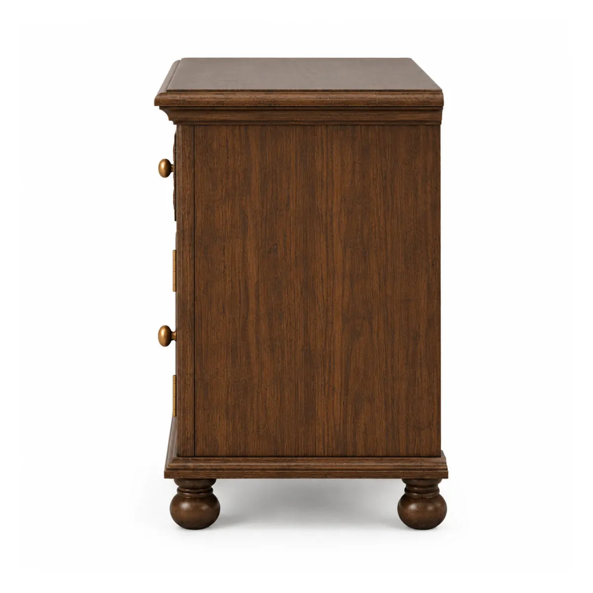 Side profile of Winnetka solid wood bedside table showing molded top and bun feet