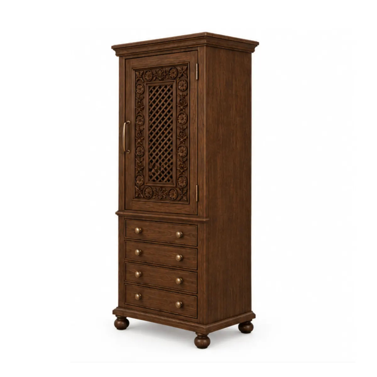 Angled view of Winnetka solid mango wood lingerie chest with brass handle and bun feet