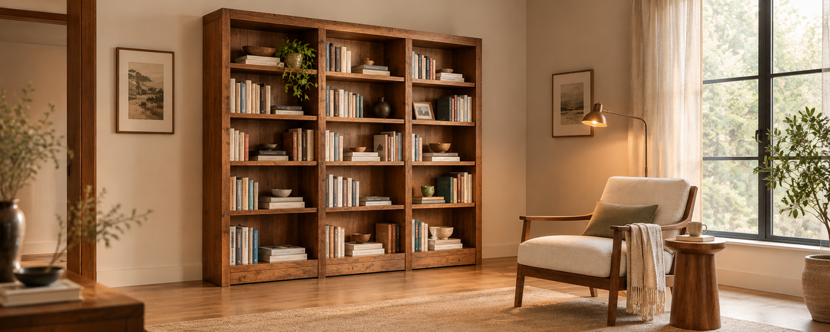 Solid Wood Bookcase and Reading Chair in a Warm, Well-lit Home Library  