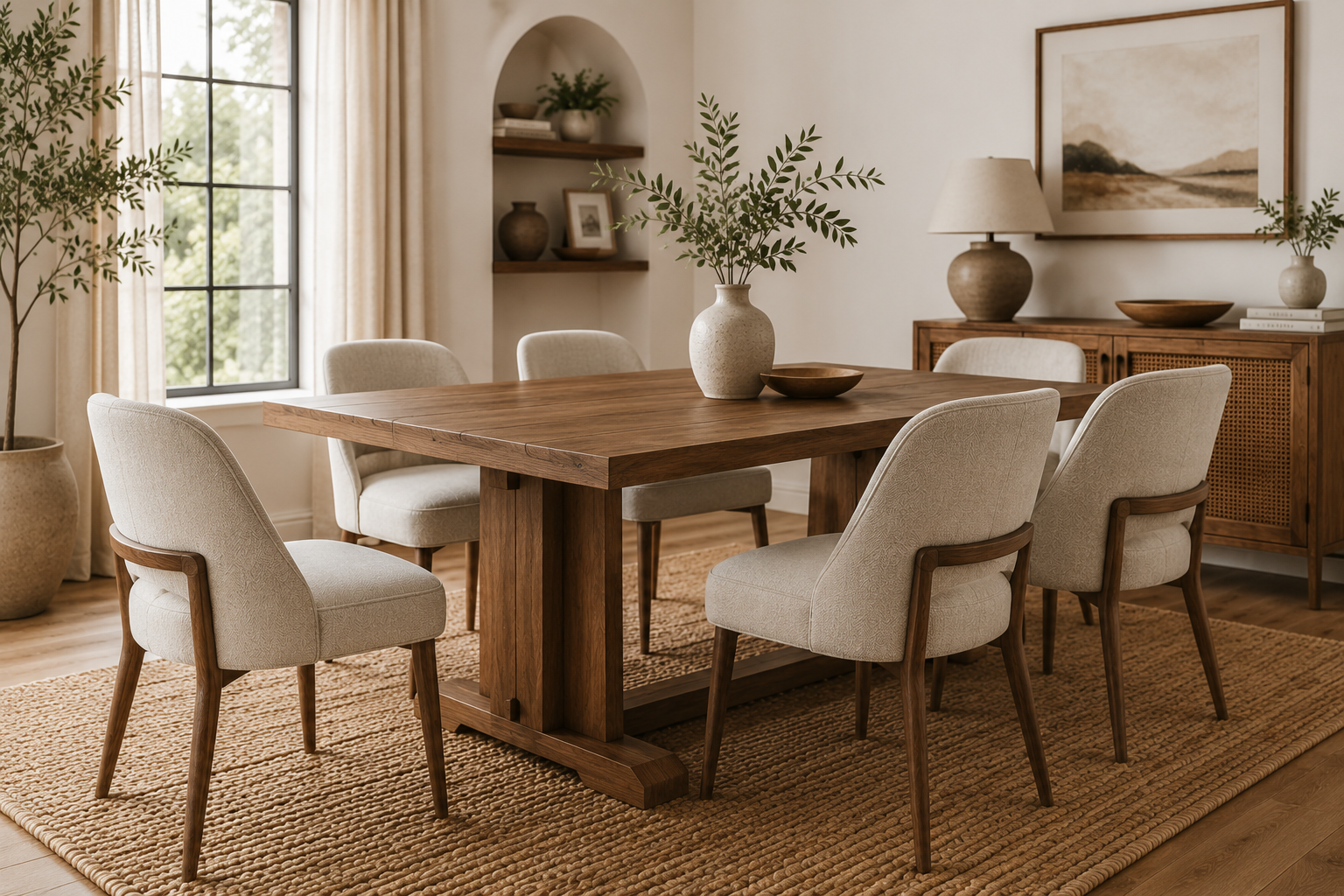 Solid Wood Dining Table with Upholstered Dining Chairs