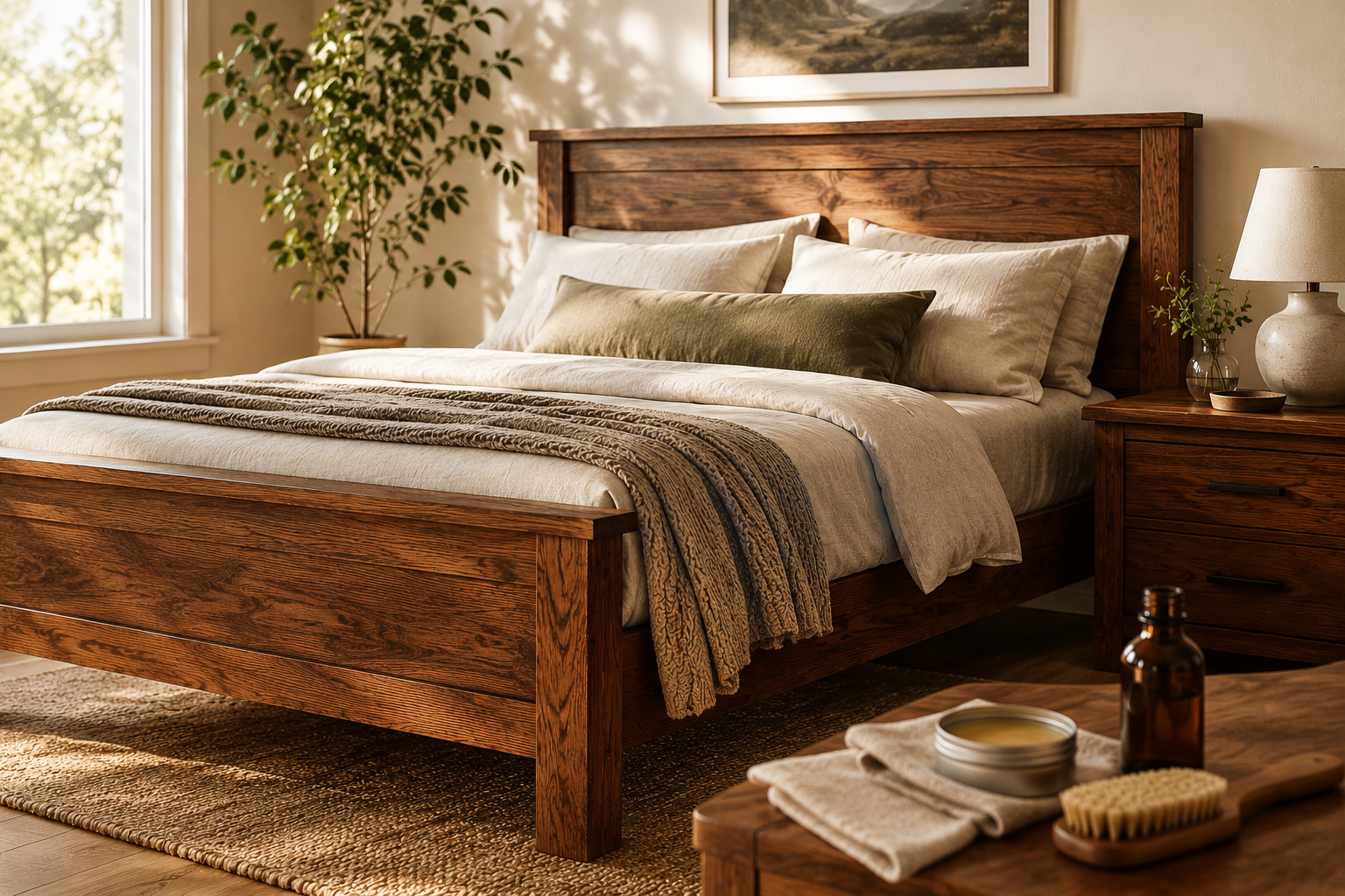 Modern Solid Wood Bed Frame in a Warm, Sunlit Bedroom.