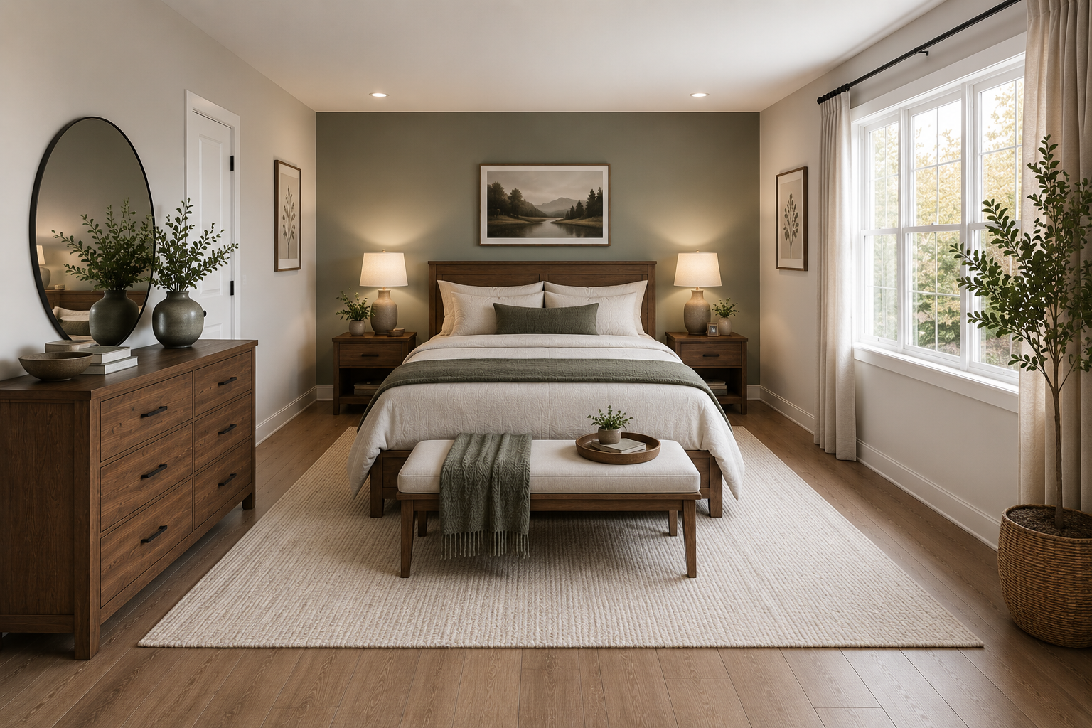 How to Arrange Bedroom Furniture in a Rectangular Room with a Centered Solid Wood Bed, Matching Nightstands, and Balanced Furniture Placement.