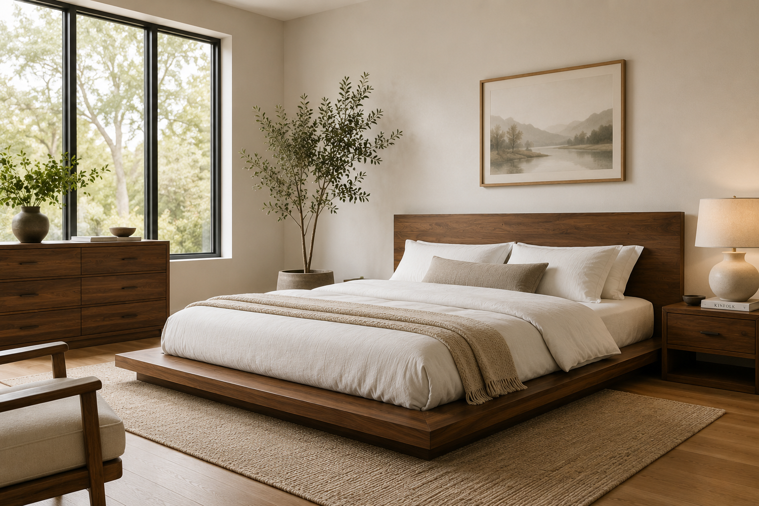 Low Profile Solid Wood Bed in a Modern Bedroom