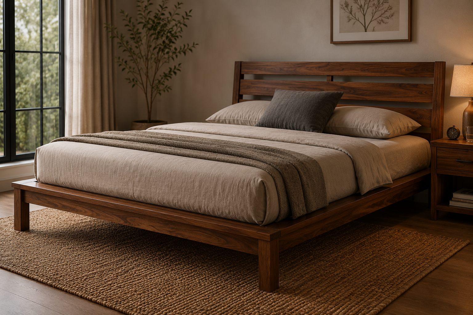 Modern Solid Wood Platform Bed With Walnut Finish in a Warm Minimalist Bedroom, Featuring a Slatted Headboard, Neutral Bedding, and Cozy Natural Decor.