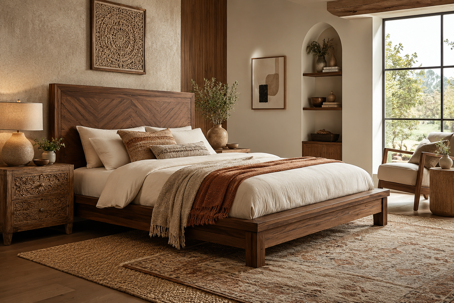 Luxury Bedroom Featuring A Solid Wood Bed With Warm Rustic-Modern Design, Neutral Tones, And Natural Light