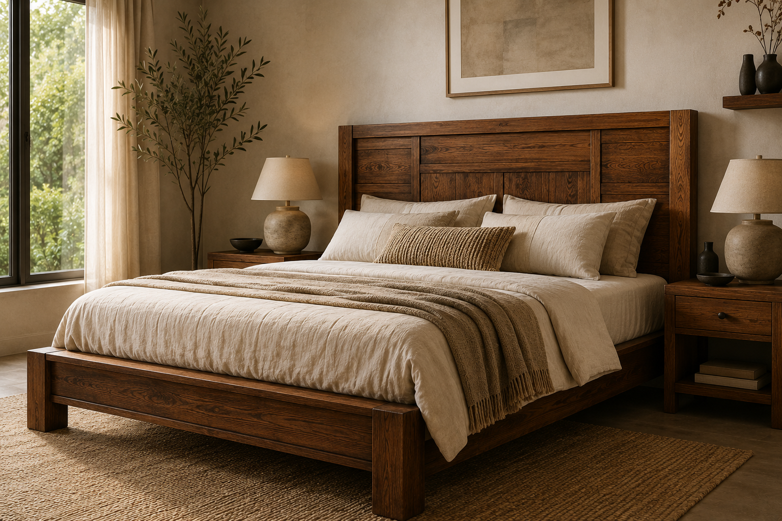 Rustic dark wood king-size bed with neutral linen bedding and a woven throw, flanked by ceramic lamp nightstands in a warm, earthy bedroom