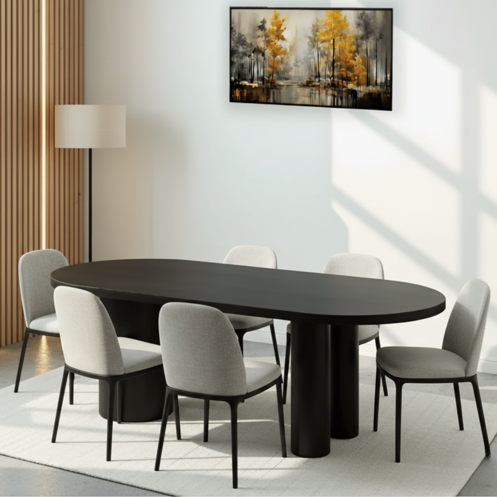Modern Black Oval Dining Table Set with Upholstered Chairs