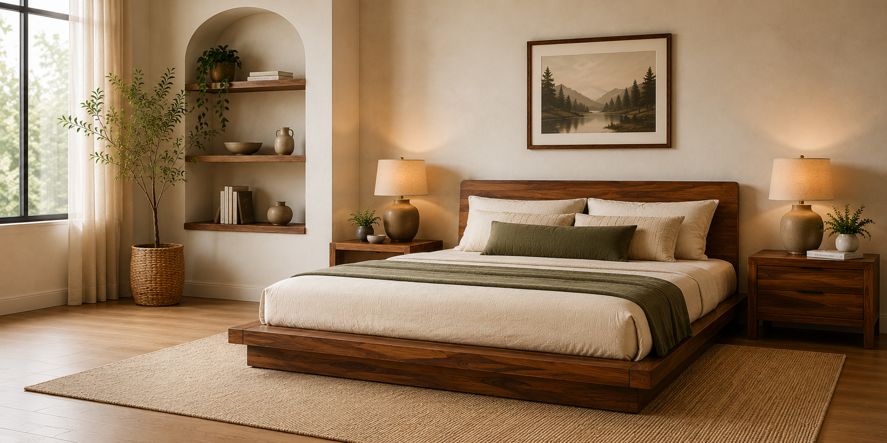 Modern Bedroom With Solid Wood Platform Bed And Warm Neutral Decor.