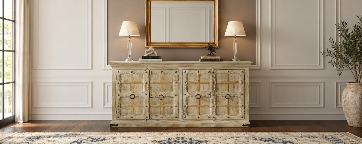 Distressed Solid Mango Wood Sideboard Against a Warm Neutral Wall