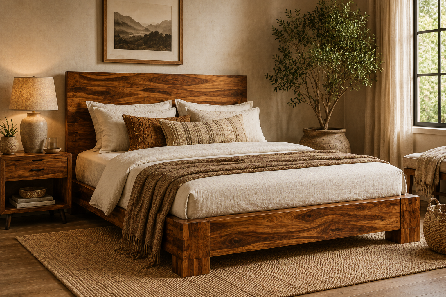 Luxury Solid Wood Bed Frame in a Warm Modern Bedroom Interior.