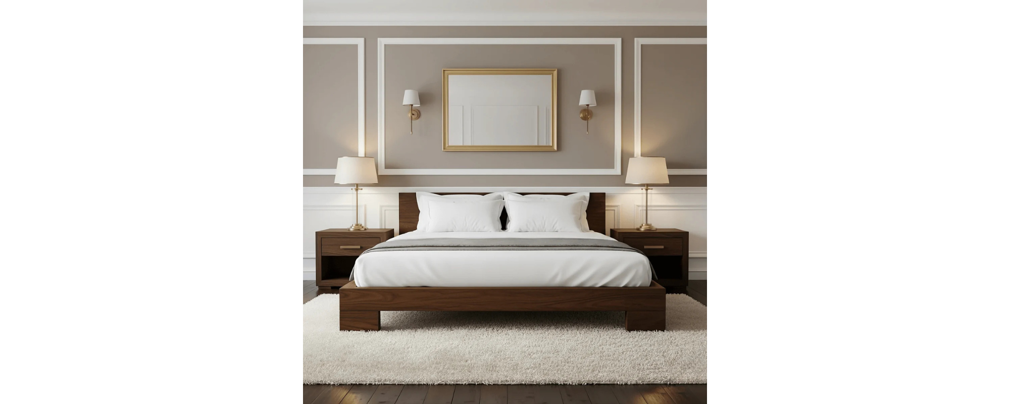 Modern Dark Wood Bed with White Bedding, Matching Nightstands and Lamps in an Elegant Neutral Bedroom.