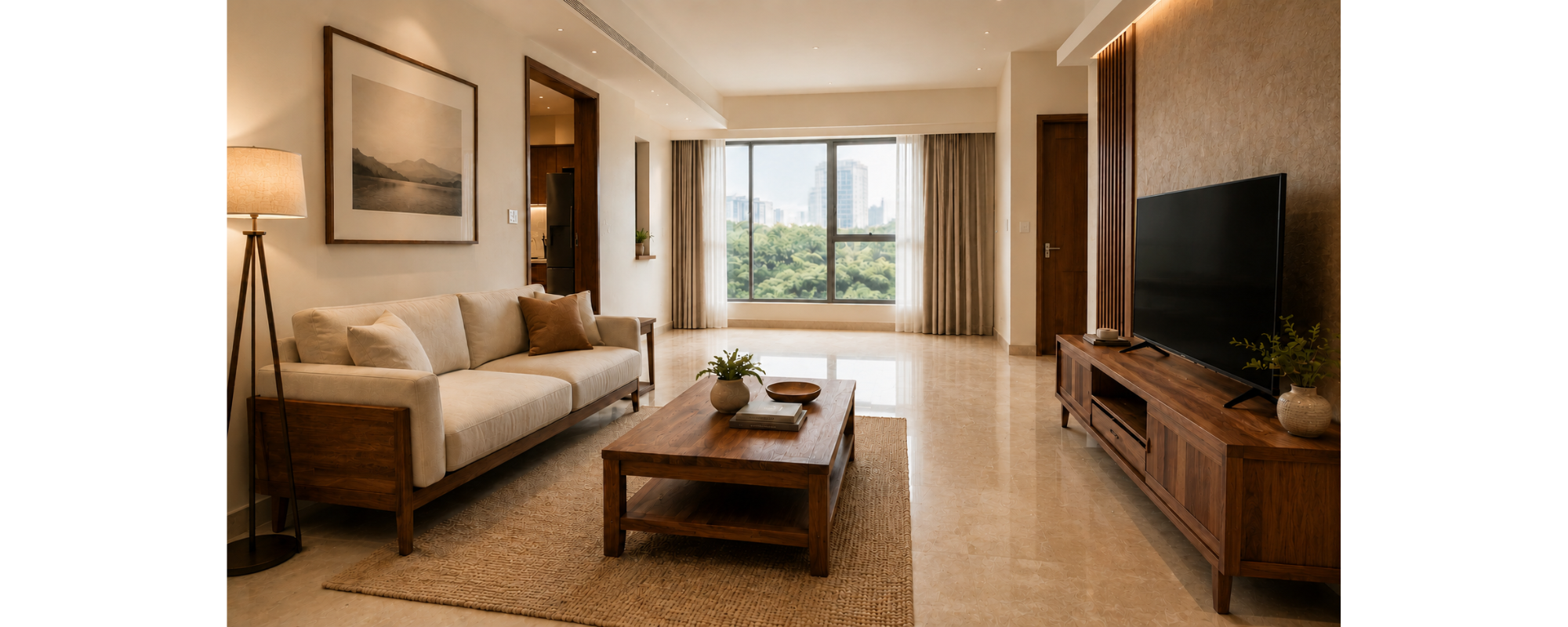 Small First Apartment Living and Dining Area With a Compact Sofa, Solid Wood Coffee Table, and Appropriately Sized Dining Table Near a Window.  