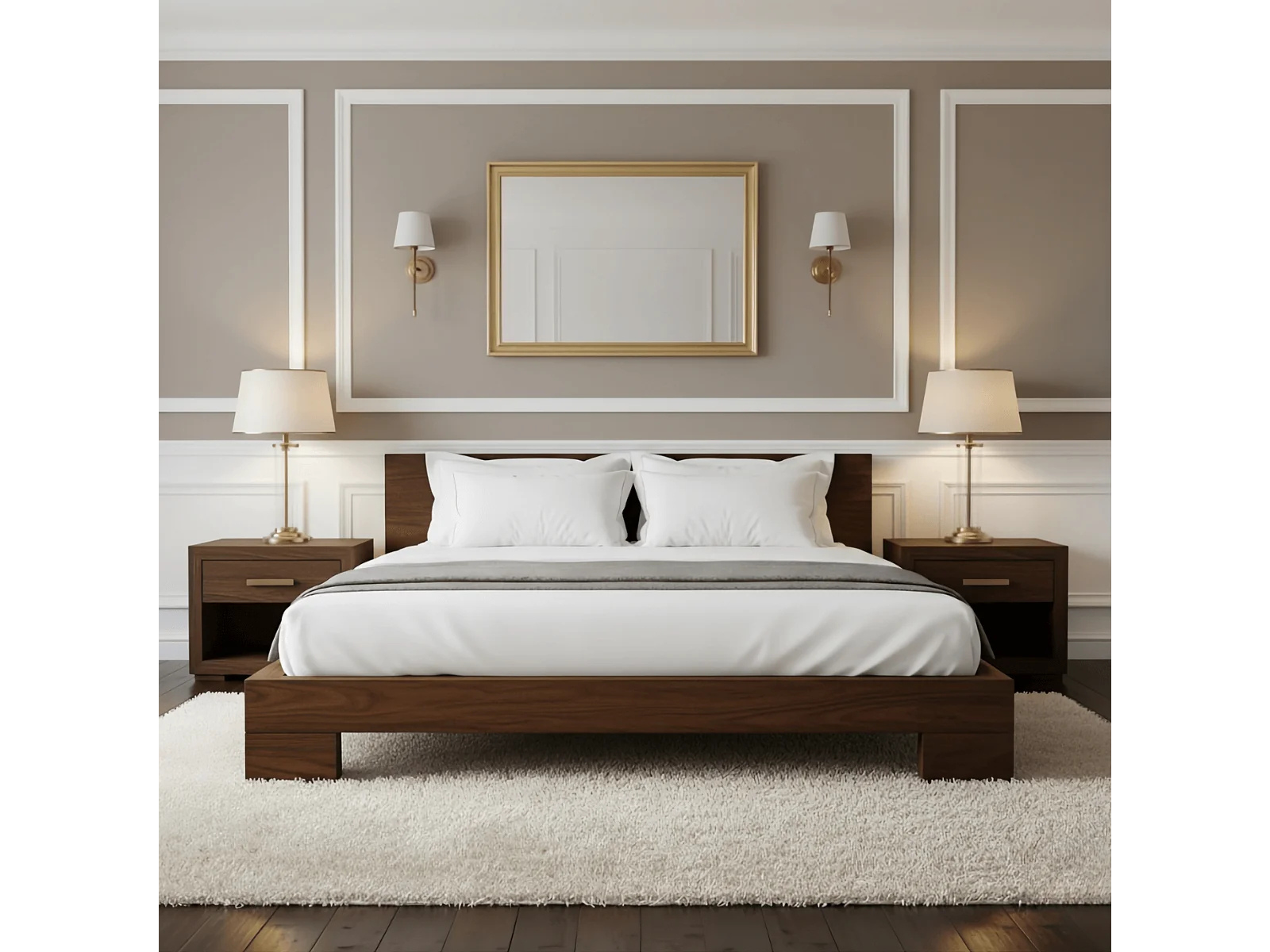 Modern Dark Wood Bed with White Bedding, Matching Nightstands and Lamps in an Elegant Neutral Bedroom.