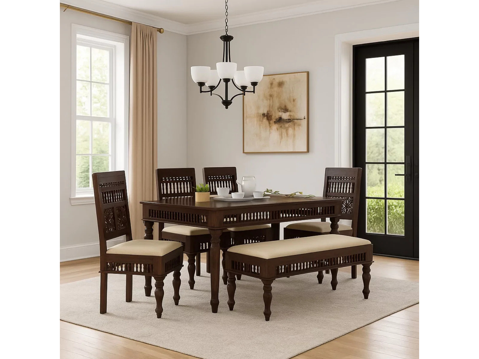 Traditional Carved Solid Wood Dining Set With Upholstered Chairs and Matching Bench in a Bright Dining Room.  
