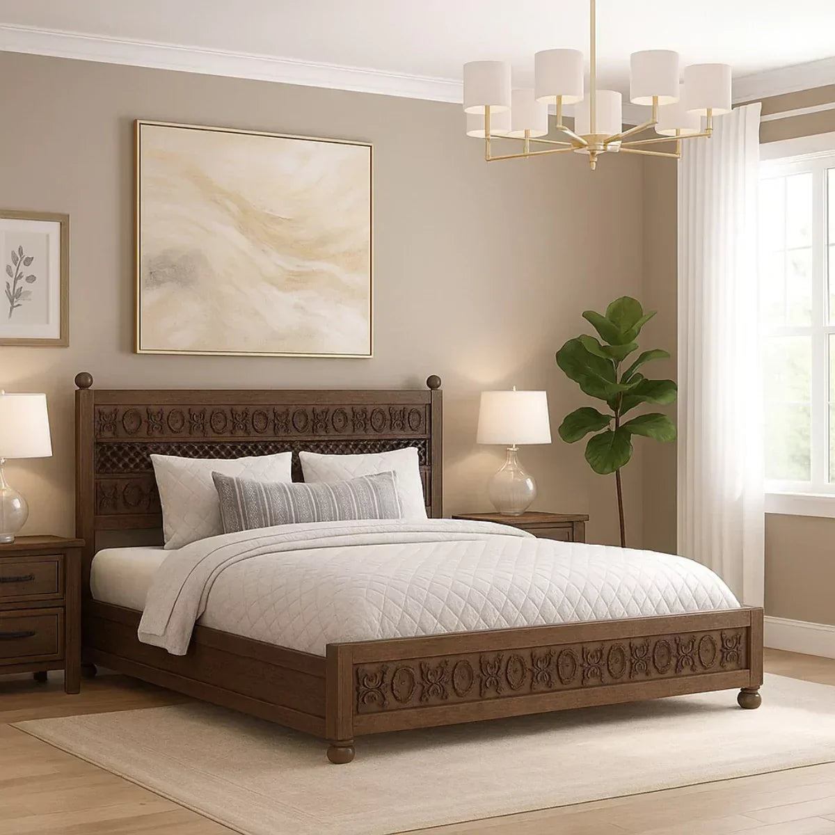 Dark Teak Carved Solid Wood Bed Frame With Neutral Bedding in a Warm Contemporary Bedroom