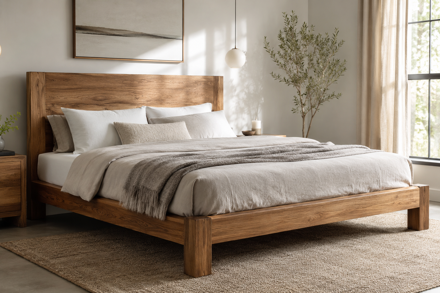 Solid Wood Bed Frame in a Modern Minimalist Bedroom