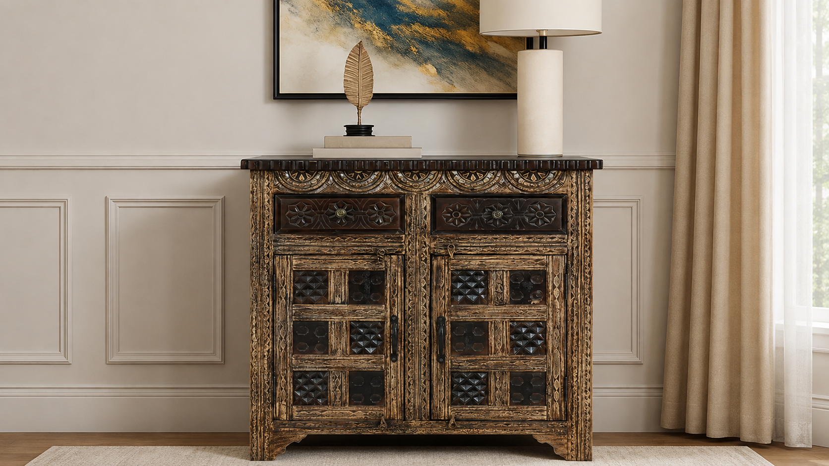 Hand-Carved Solid Wood Sideboard Cabinet With Decorative Glass Doors Styled in a Modern Living Room