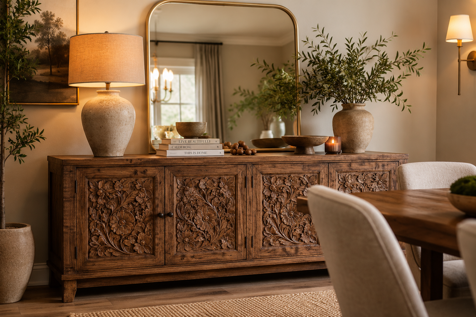 Solid Wood Sideboard Styled in a Modern Dining Room