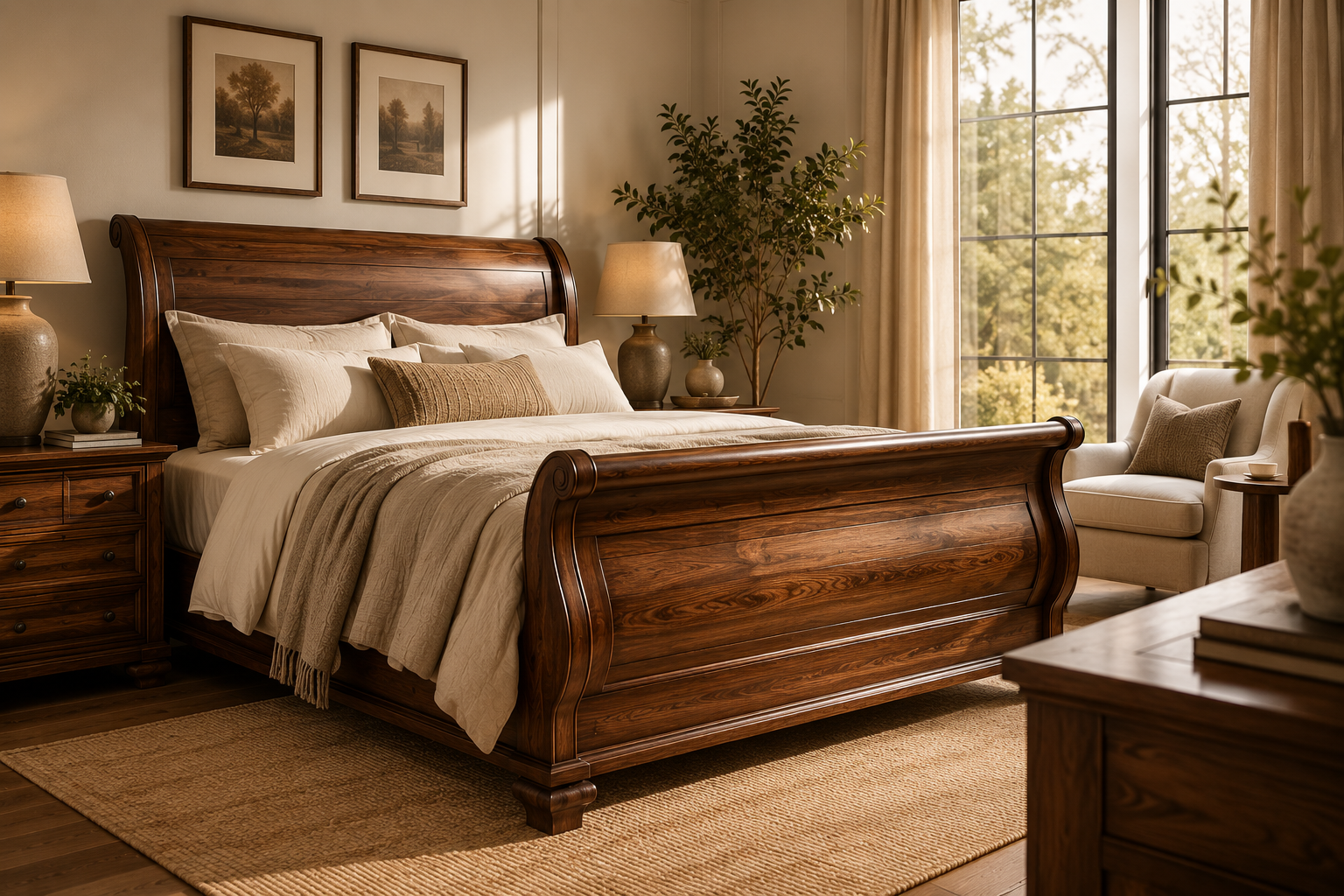 Luxury solid wood sleigh bed in a warm sunlit bedroom