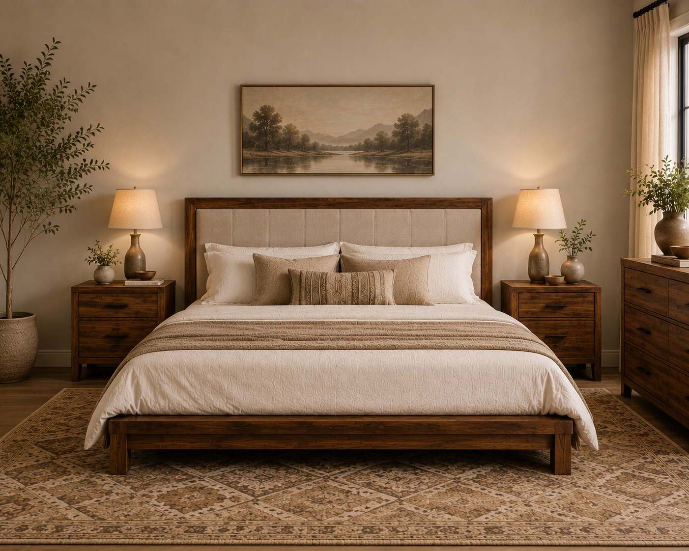 Straight-on view of a modern rustic solid wood bed in a cozy neutral bedroom.